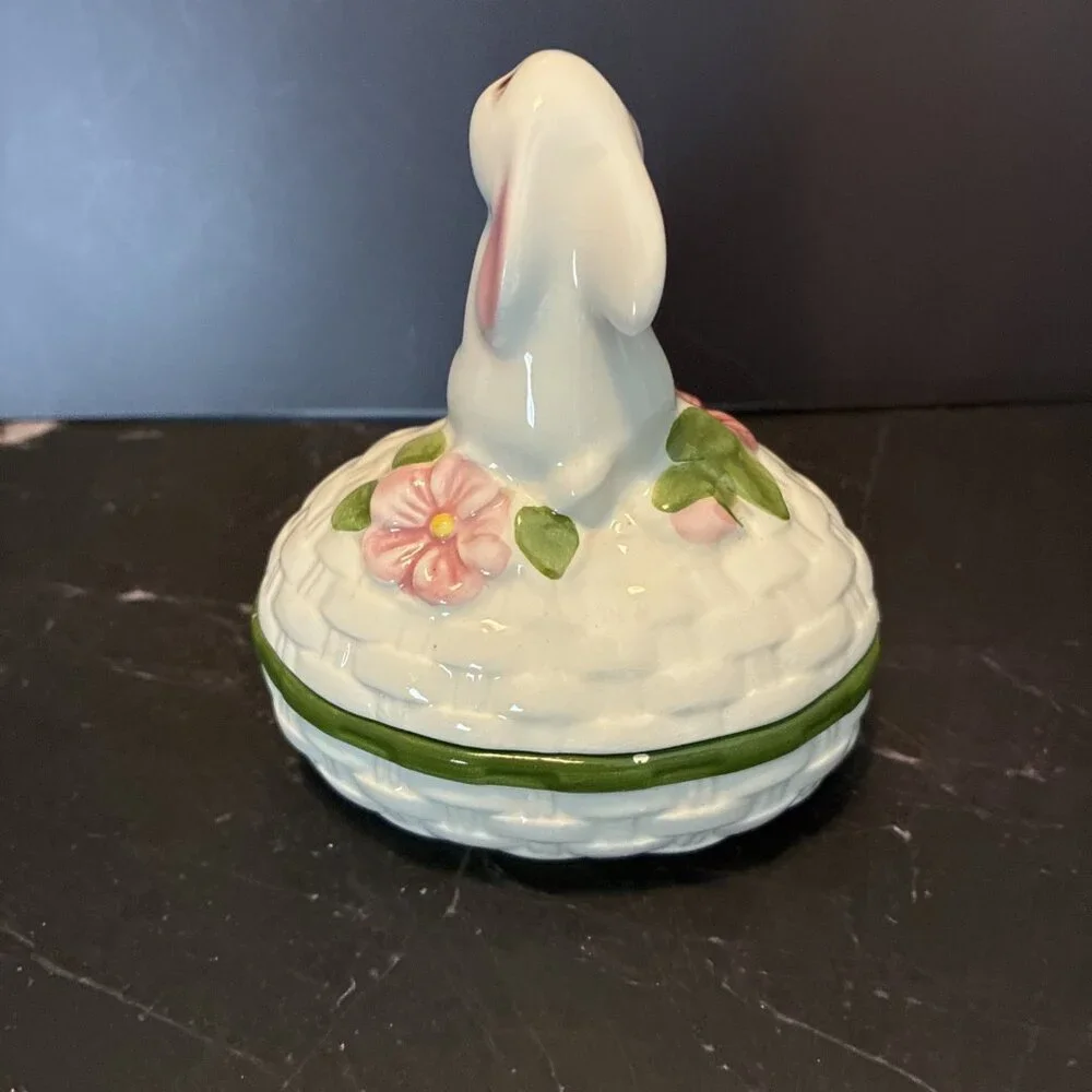 Vintage Avon Bunny Covered Trinket Box Hand Painted Brazil Easter Decor 1982